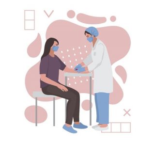 Taking blood in the laboratory. a medical professional takes blood from a woman for test. Template with text place, medical composition with abstract geometric elements.