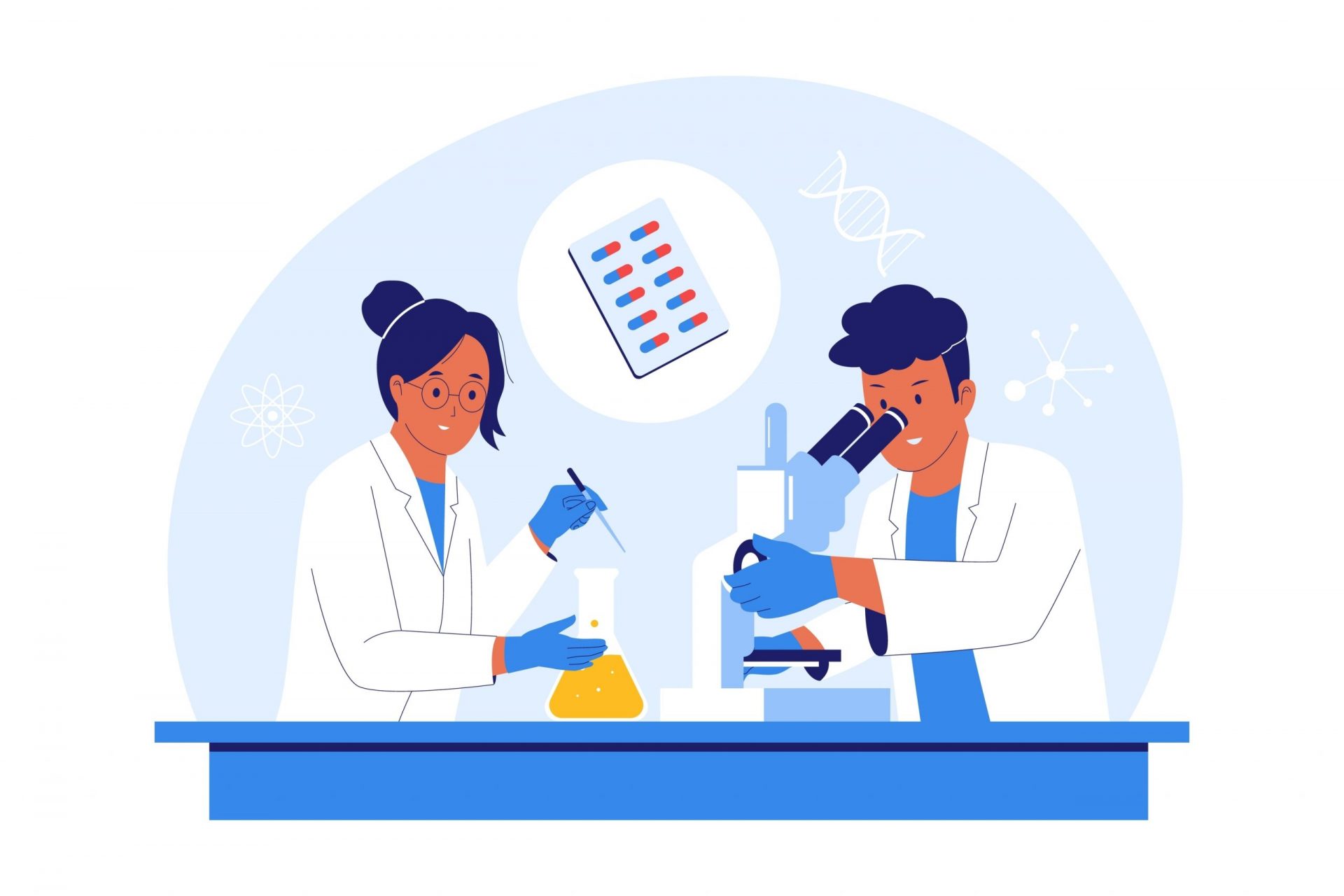Illustration,Of,New,Drug,Research,And,Pharmaceutical,Development.,Scientists,Working