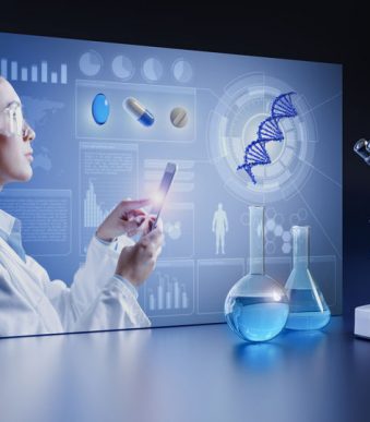 Science,Research,Lcd,Screen,Panel,With,Microscope,And,Chemical,Glassware.